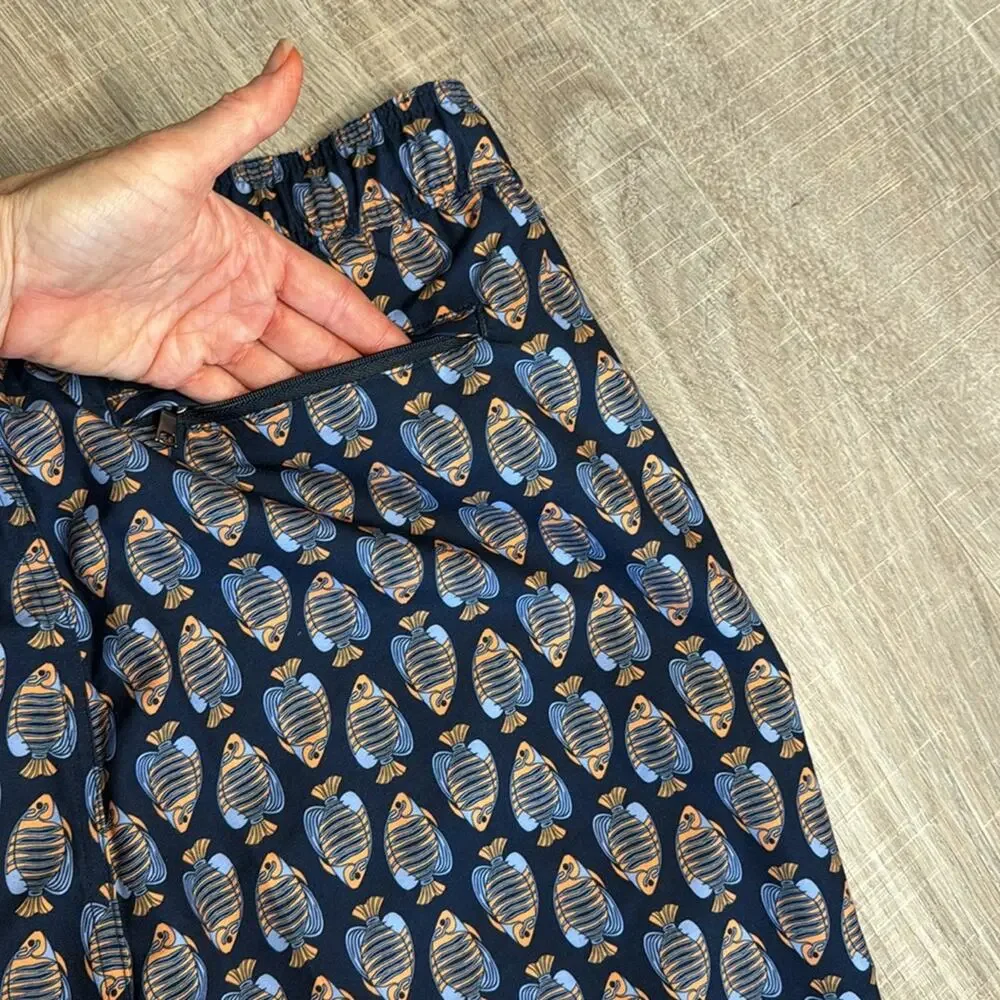 SAKS FIFTH AVENUE Men's Navy Blue Orange Fish Patterned Swim Shorts Trunks